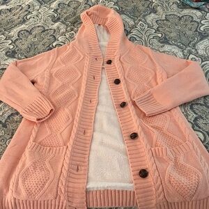 Cozy fleece lined button front hooded sweater. Size L.